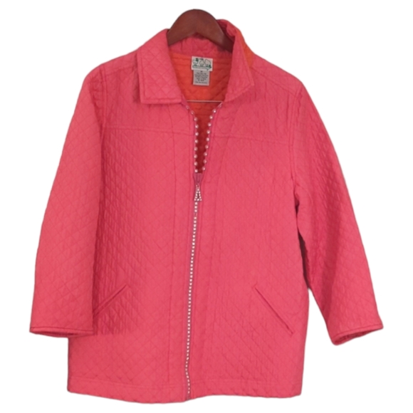 Vintage Quaker Factory Silk Hot Pink Quilted Lightweight Jacket Bling Button M - Picture 1 of 10